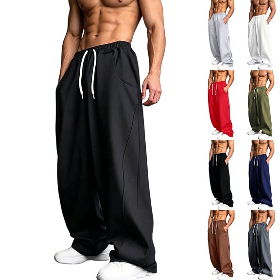 Luvrsol Mens Sweatpants Casual Solid Wide Leg Drawstring Elastic Waist Loose Long Pants with Pocket S-3XL