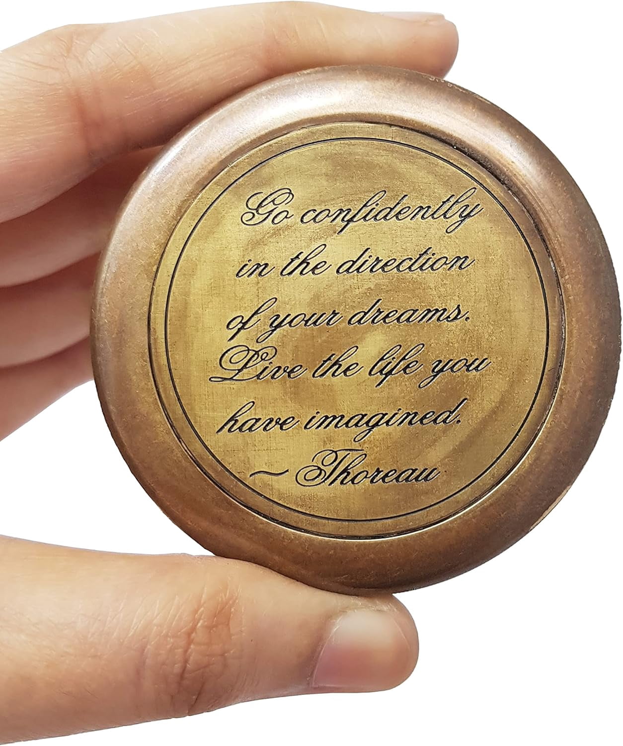Brass Compass in Antique Finish, with HD Thoreau's Motivational Quote Go Confidently in The Direction with Case