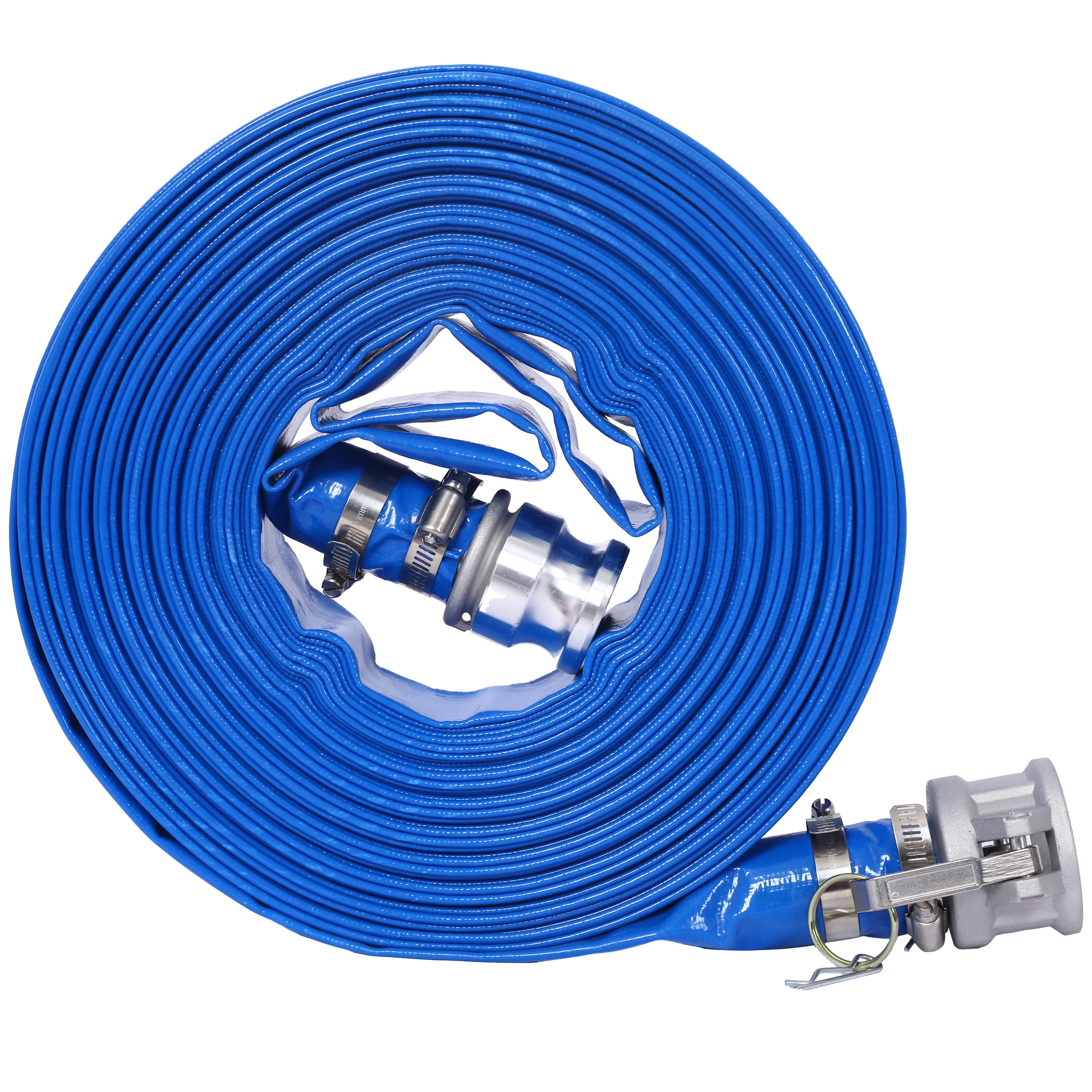 , 2"X100FT Pool Backwash Hose, Heavy Duty Reinforced Blue PVC Lay Flat Water Discharge Pump Hoses For Swimming Drain Pools and Clean Filters, with Aluminum Camlock C and E Fittings, Blue ,Pvc ,