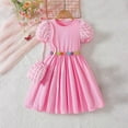 thumbnail image 2 of Toddlers Cotton Summer Dress Girls 3-10 Years Puff Short Sleeve Ribbed Swing Dress with Cloud Crossbody Bag (9 Years, Pink), 2 of 7