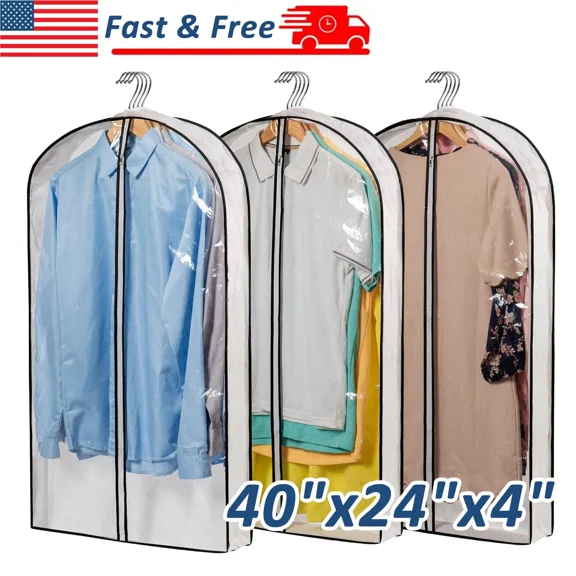3Pcs 40"X24"X4" Garment Bags Clear Zipper Cover Suit Dress Coat Jacket Storage