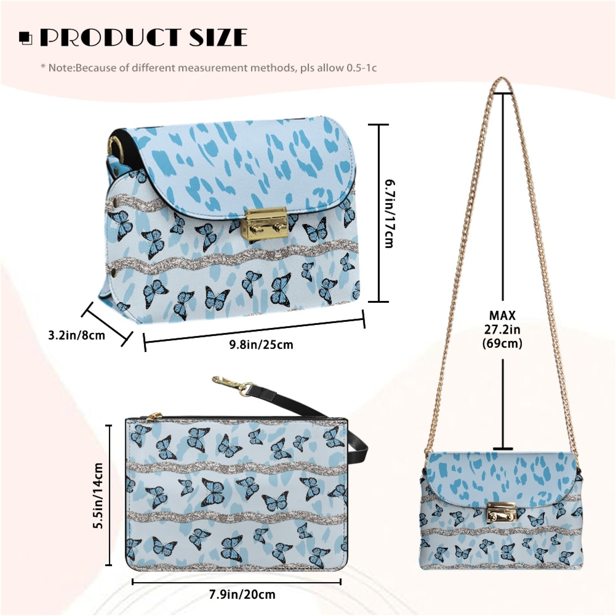 TSOVTHRID Blue Butterfly Leopard Print Crossbody Bags for Women Trendy, PU Leather Shoulder Handbags, Minimalist Crossbody Purses for Women with Detachable Chain Strap