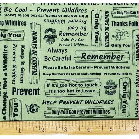 1 Fat Quarter - Smokey the Bear Signs on Green Cotton Fabric - 21" X 18"