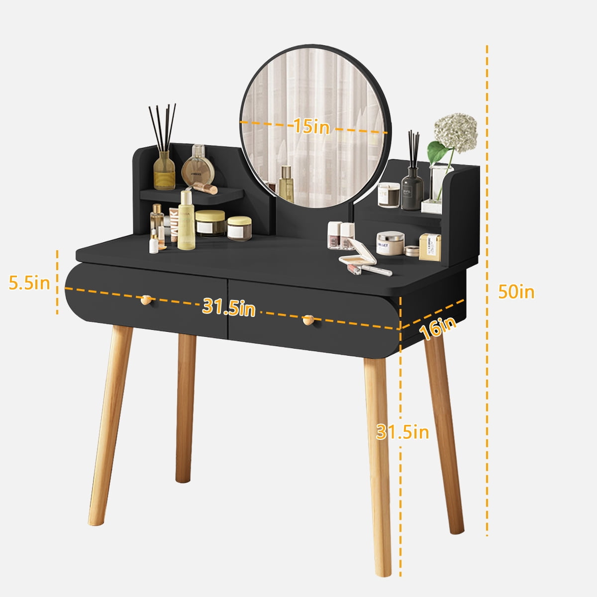 SIMANLI Black Vanity Desk Set with Mirror, Modern Makeup Vanity Dressing Desk with 2 Drawers & 2 Shelves (Without Stool)