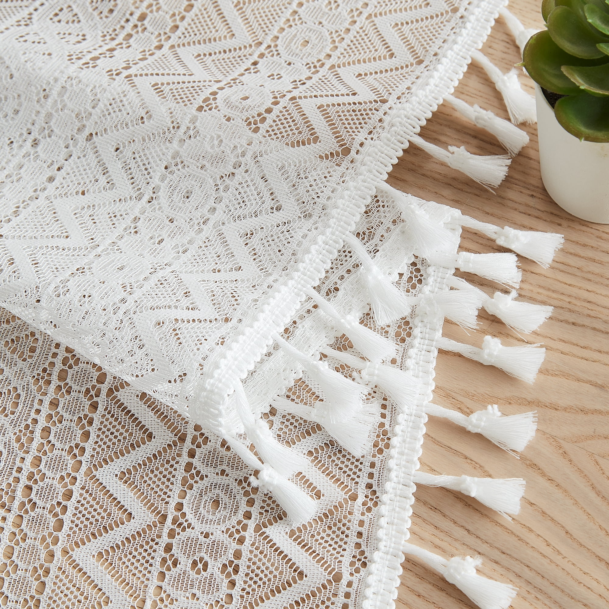 Bohogeo White Linen Textured Tassel Sheer Lace Curtain Panels, Chic Crochet Geometry Knitting Rod Pocket Farmhouse Window Curtain Drapes for Living Room/Bedroom, 2 Panels, 63" L x 40" W