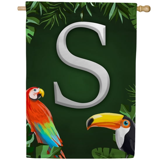 America Forever Summer Floral Wreath Monogram House Flag Letter S 28 x 40 inches Hibiscus Palm Leaves Tropical Double Sided Vertical Outdoor Yard Lawn Decorative Pink Floral House Flag