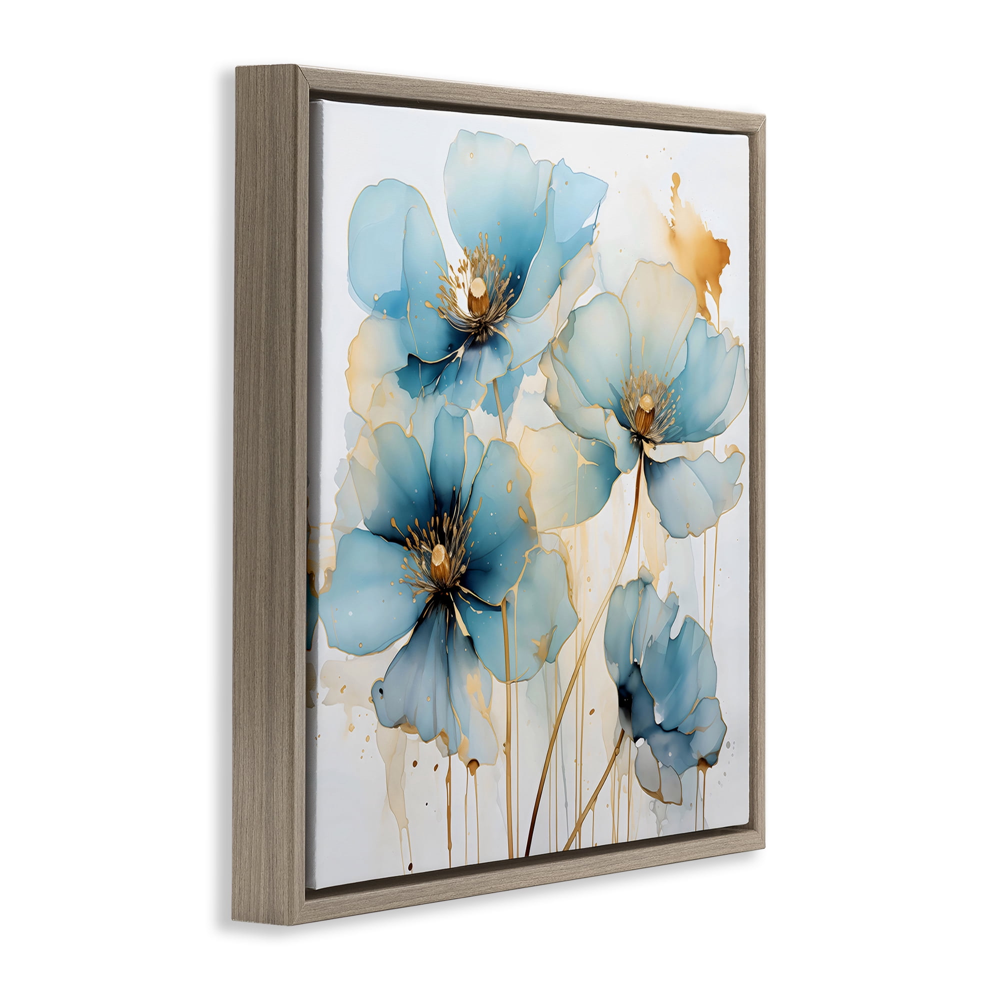 Stupell Industries Sapphire and Gold Florals Brown Framed Floater Canvas Wall Art, design by Creative Studio