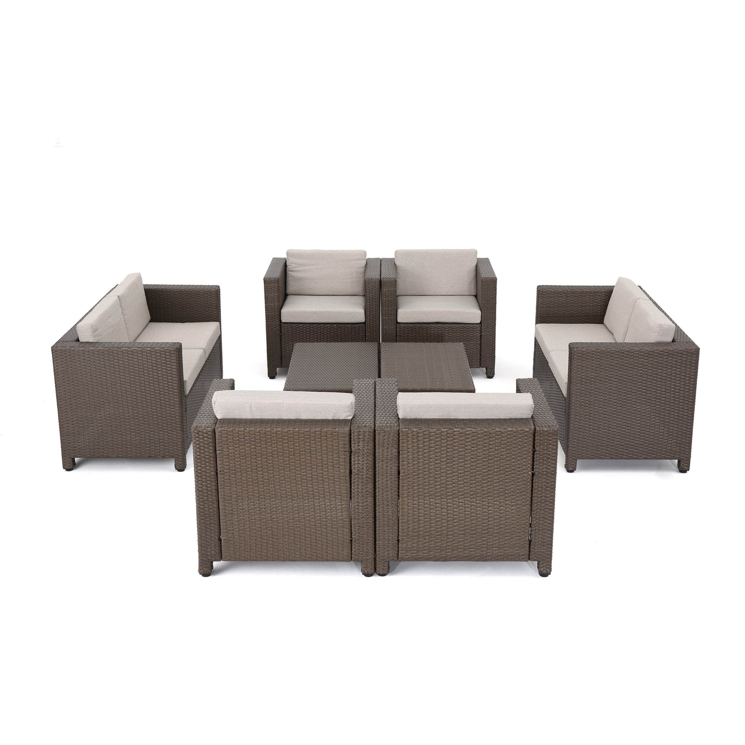 Cascada Outdoor 8 Piece Wicker Chat Set with Cushions, Brown, Ceramic Grey