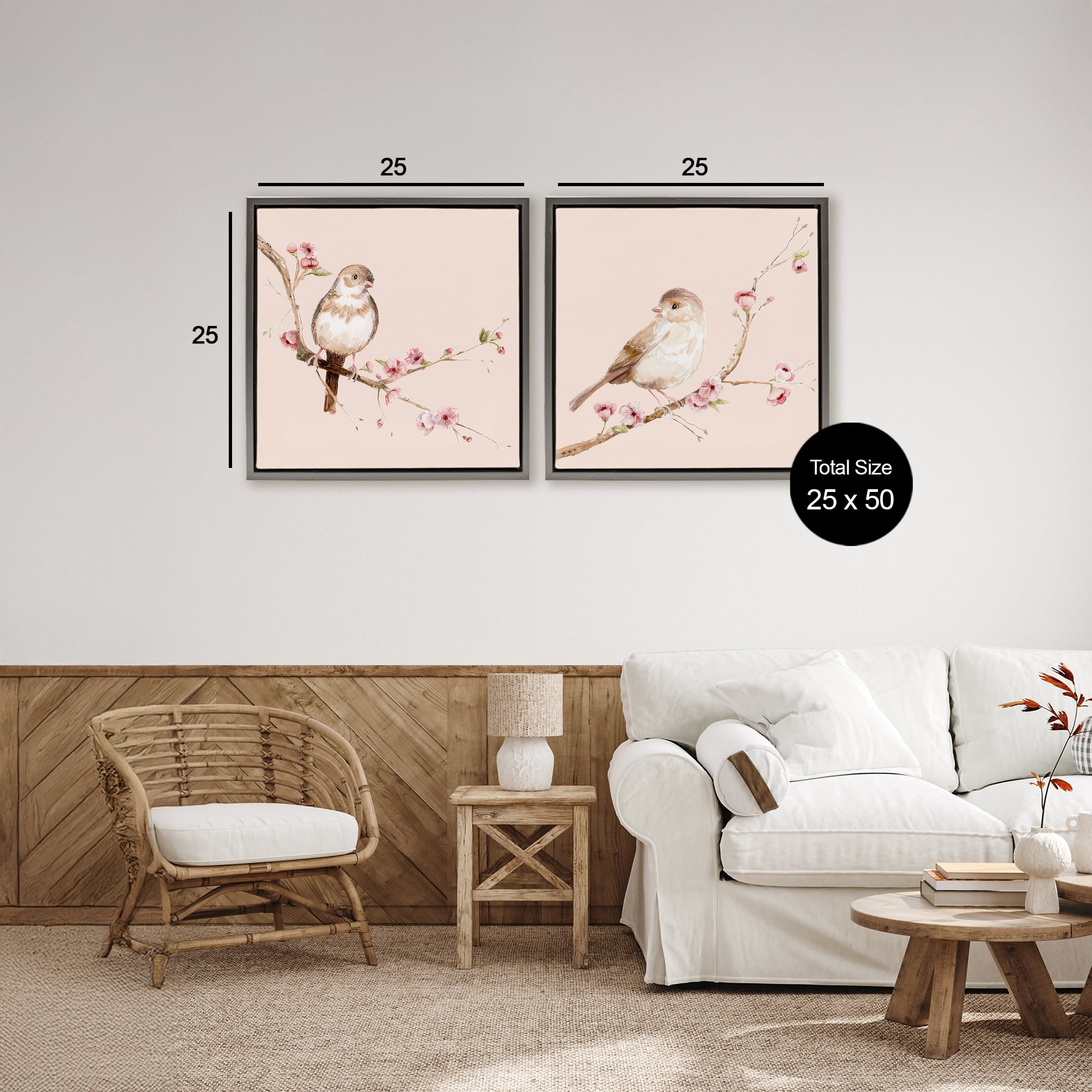 Sweetest Brown Birds Branch 2 Piece Gray Framed Floater Canvas Set, design by Lisa Wehmeyer