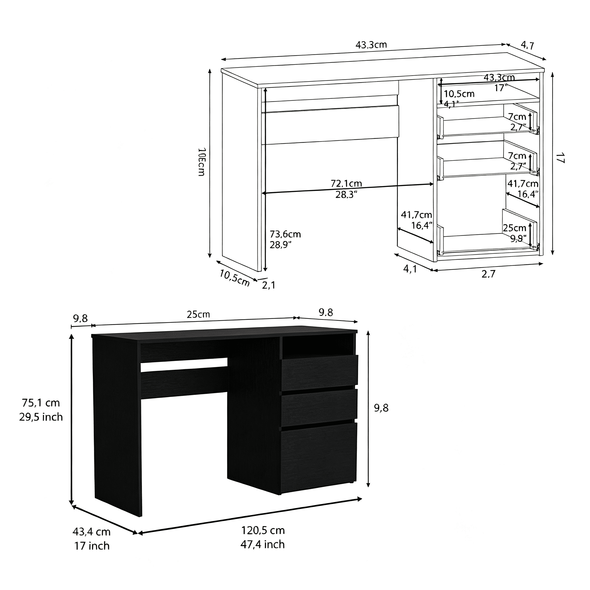 Asteroutdoor Kenai 3 Drawers Computer Desk, One Shelf, Black