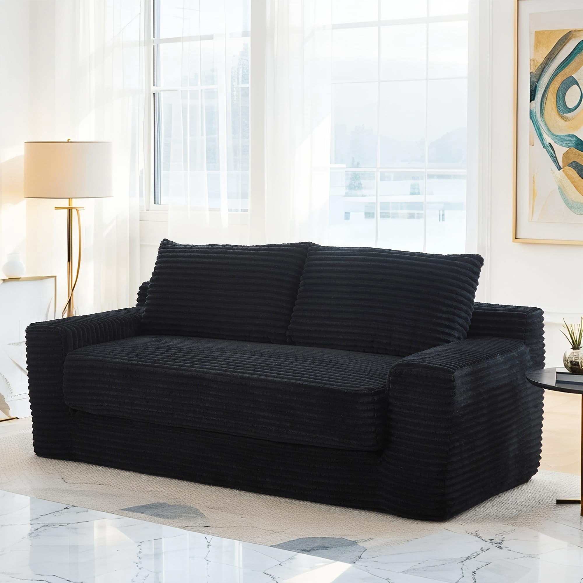 Loveseat Sofa Bed Boneless Couch, Convertible 2-in-1 Design, Corduroy Fabric - Compact Memory Foam Couch for Small Spaces, Apartments, Home Office & Bedroom (Black)