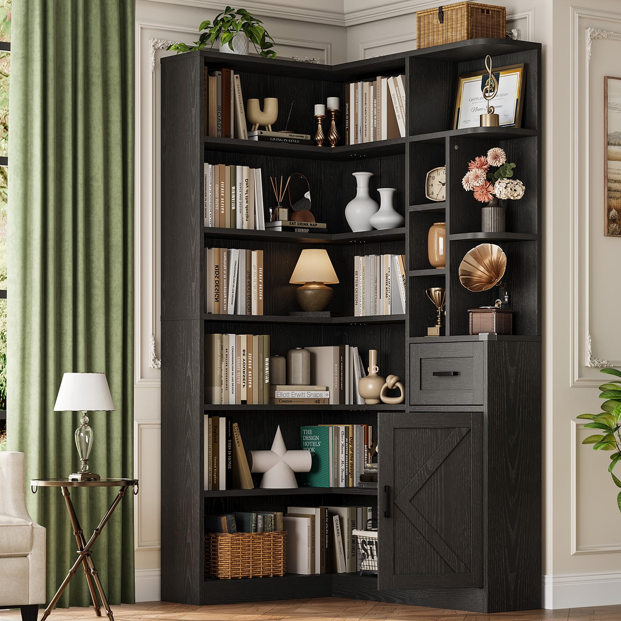 Modern L-Shaped Corner Bookshelf – 74 Tall 6 Open Tiers Drawer & Cabinets Office Display Bookcase – Bedroom Living Room Home Storage Organizer – Embossed Black