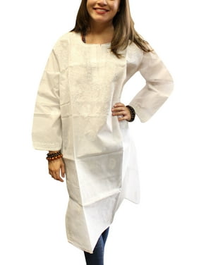 Mogul Womens White Tunic Dress Cotton Embroidered Ethnic Boho chic Long Kurta M