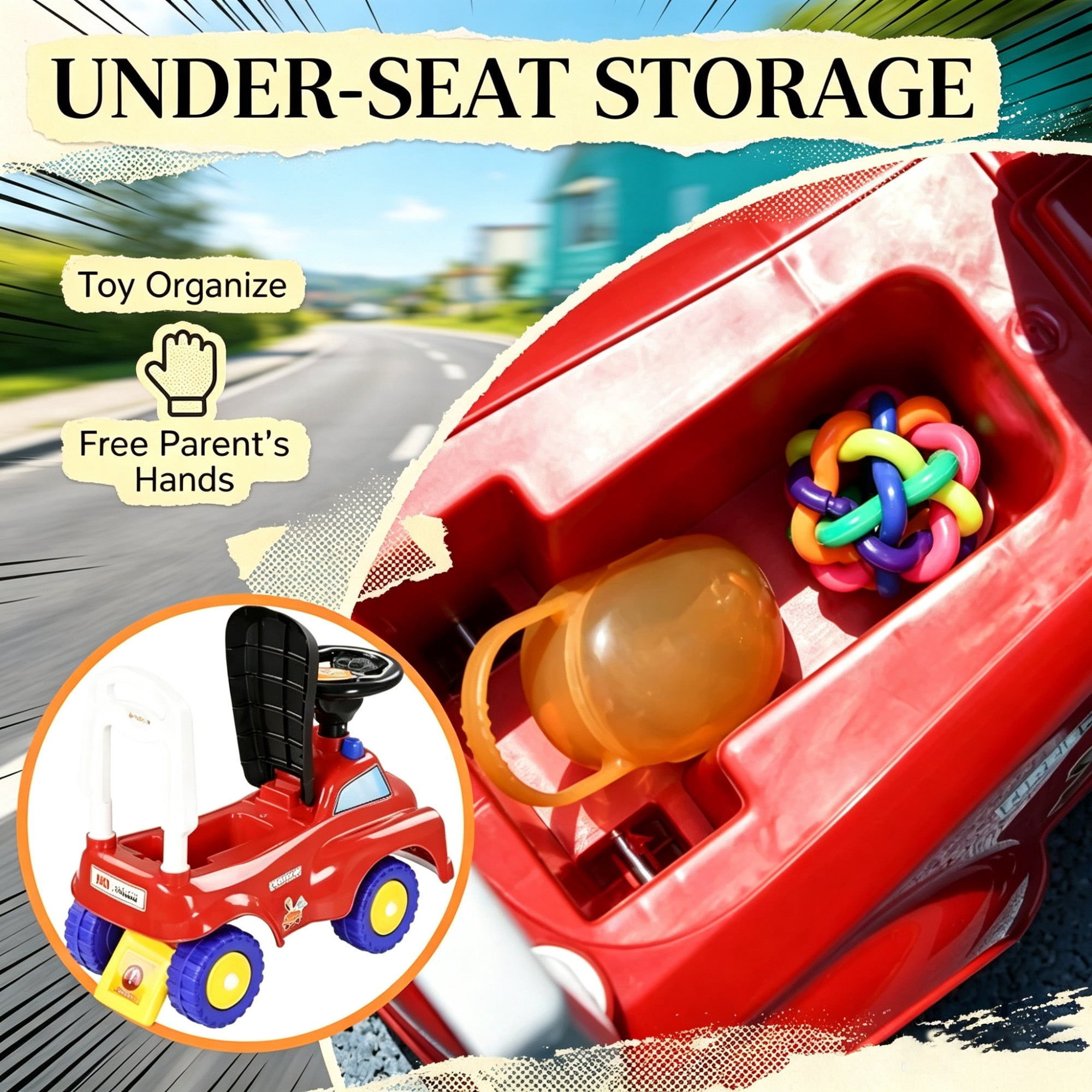 Toddler Fire Truck Ride-On Toy, Music, Horn & Under-Seat Storage for Kids 18-36 Months, Red