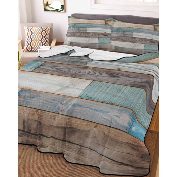 Teal Brown Farmhouse King Size Down Alternative Comforter, Lightweight Comforter Quilt Bedding Set with Pillow Shams Vintage Retro Wooden All Seasons Bed Comforter Duvet Insert 96"x106"