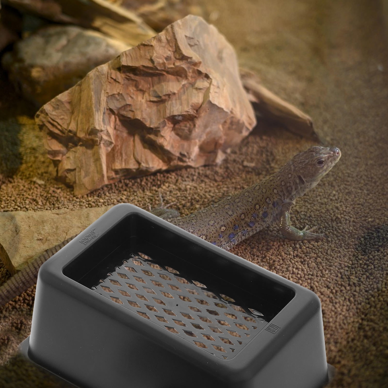 OUNONA Black Plastic Reptile Feeding Tray with Natural Habitat Design, Ideal for Snakes, Lizards, and Small Pets