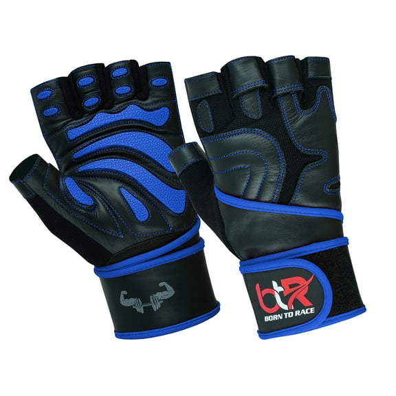 Weight Lifting Gloves Cowhide Leather Fingerless Padded Long Wrist Support Gym Exercise Powerlifting Gloves Unisex Design Blue-S