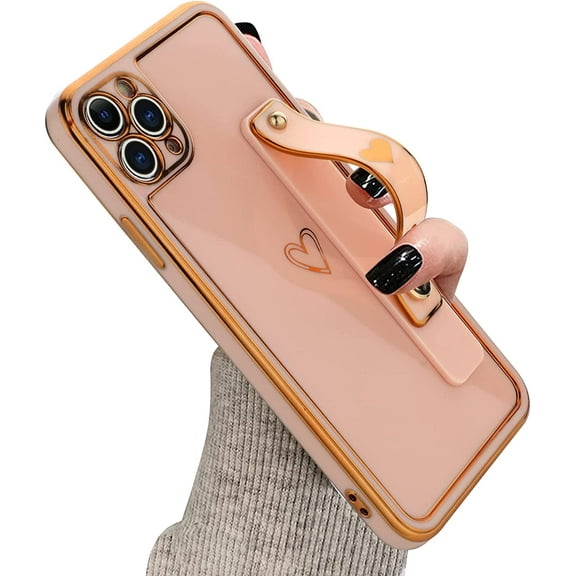 Designed for iPhone 11 Pro Max Case with Wrist Strap Loop Luxury Love Heart Plating Gold Bumper Phone Cover Wristband Kickstand Full Body Protective Slim Case for Women-Pink