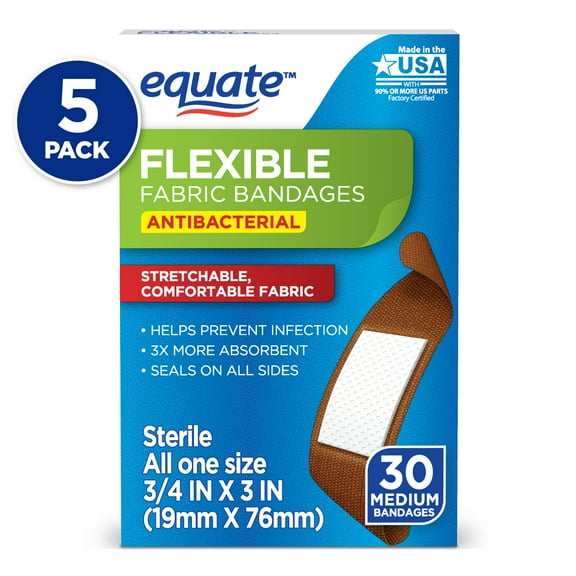 Equate Flexible Fabric Antibacterial Bandages, 30 Count (5 Pack)