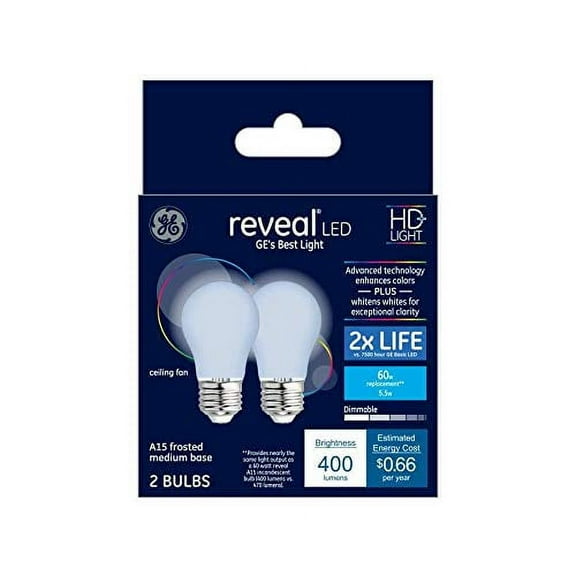 (2-Pack) GE Reveal 60-Watt equivalent A15 Color-Enhancing Dimmable LED Light Bulb