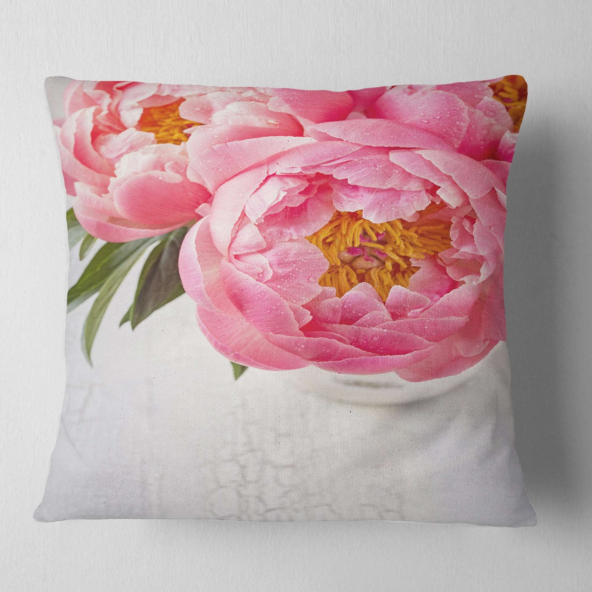 Designart Full Bloom Pink Peony Flowers - Floral Throw Pillow - 16x16