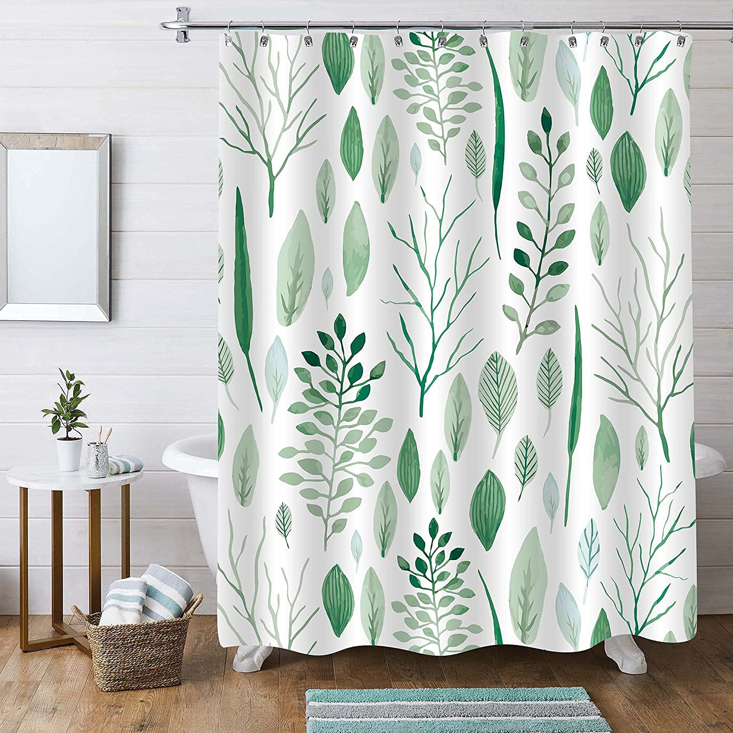 Waterproof Fabric Green Fern Leaves Shower Curtain Liner Bathroom Set Hooks 