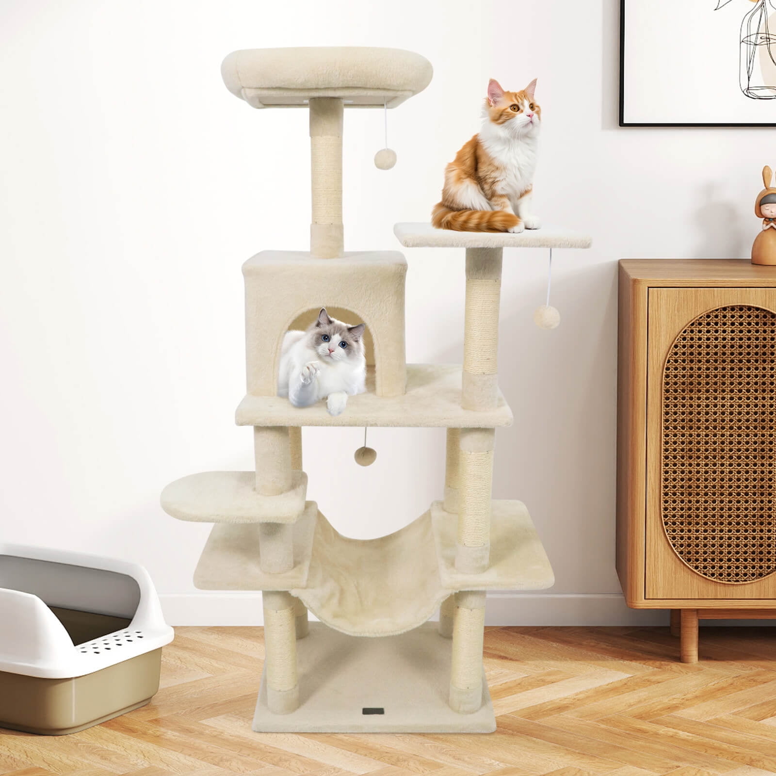 Costway 58” Tall Multi-level Cat Tree with Upholstered Perch & Cat Condo, Comfy Hammock Beige