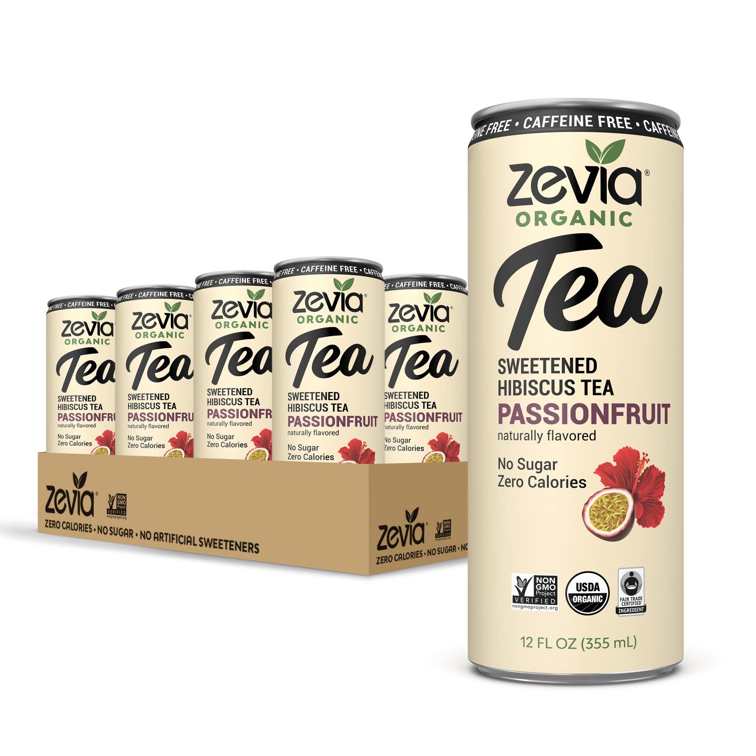 Zevia Organic Sugar Free Iced Tea, Caffeine Free Hibiscus Tea Passionfruit, 12 Ounces (Pack of
