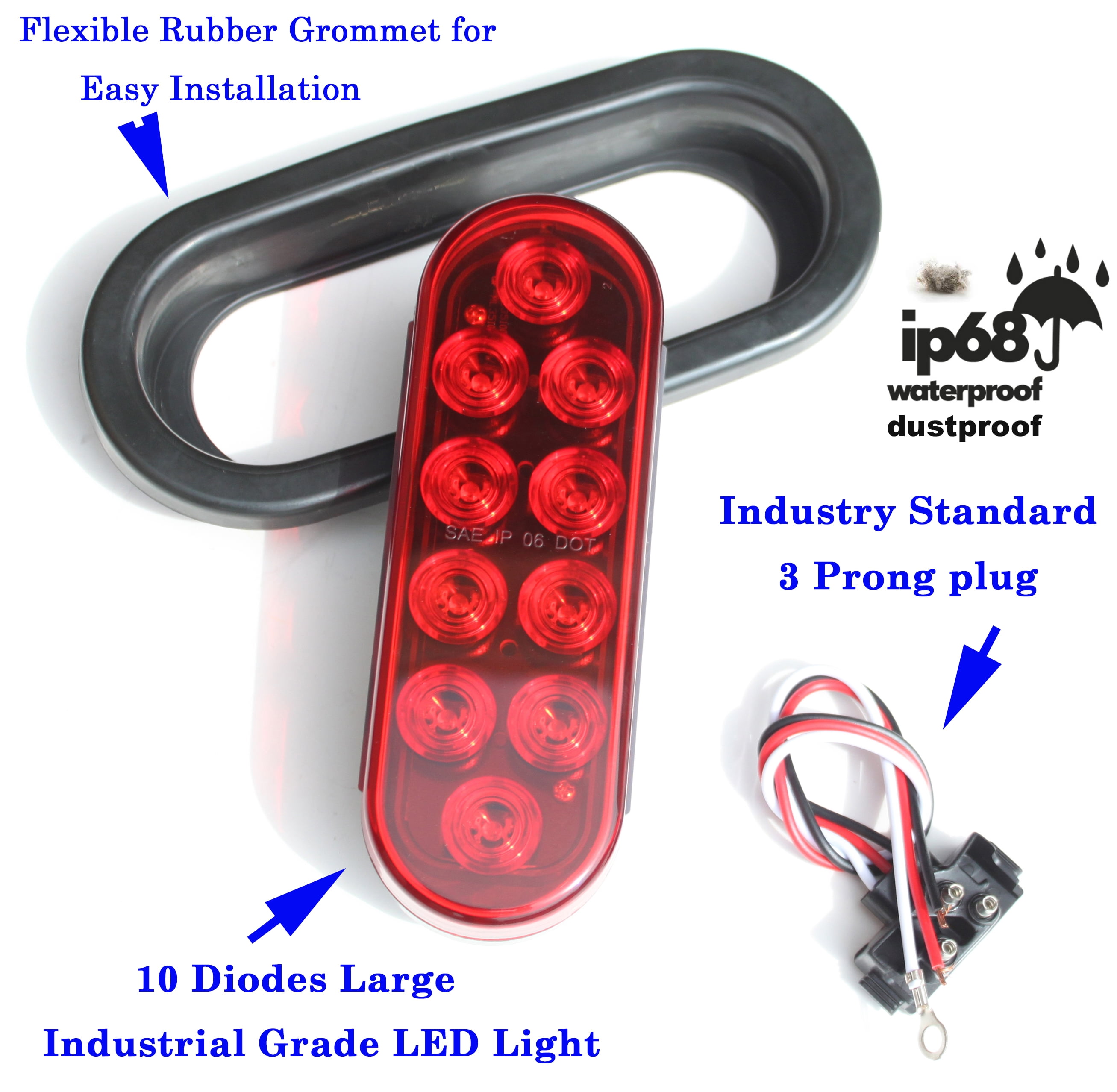 XXXXX Set of 6 Pcs LED 6" Oval Red Brake Stop Turn Tail Marker Signal Lights for Truck Trailer Tractor w Grommet Pigtail Kit DOT SAE Approved