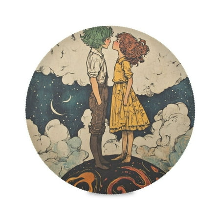 

WOBOGO Young Lovers Illustration Round Placemats Set of 1 Heat Resistant Washable Kitchen Table Decorations 15.4in