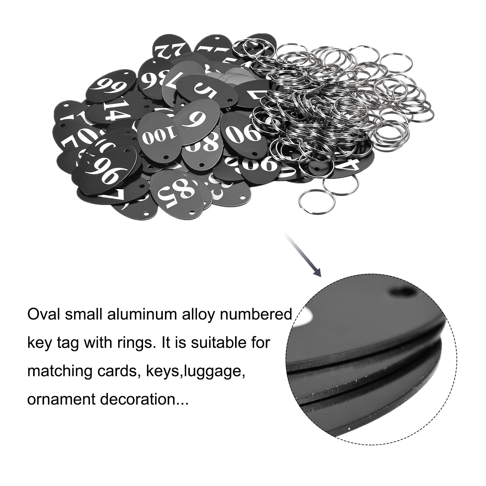 Uxcell Oval Number Tags Key Tag with Ring, 1-100 Numbered Black ID Tag for Coding, Decoration, Pack of 100
