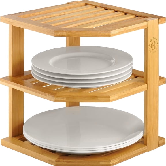 3-Tier Bamboo Corner Shelf Organizer for Cabinet Countertop, Plate Organizer for Cabinet, Cupboard Organizer, Black
