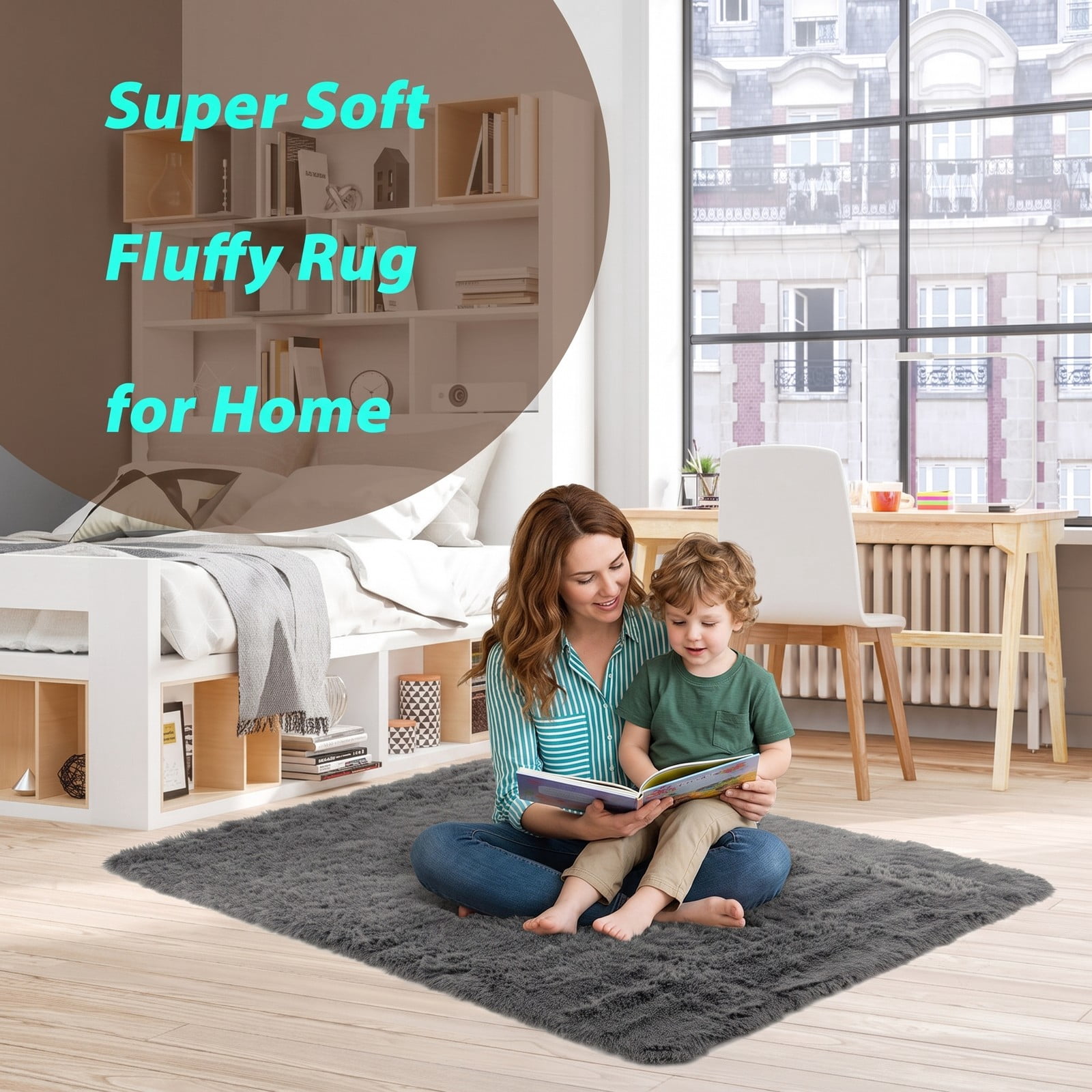 ALPULON 4x6 Feet Modern Soft Shag Area Rug with Non-Slip Grip Dots, Fluffy Plush Indoor Carpet for Bedroom Living Room Home Office Nursery Floor Decor, Machine, Gray