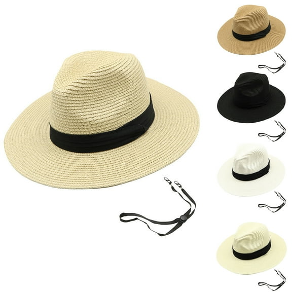 UDIYO Women Straw Panama Hat Travel Fedora Beach Sun Hat with Chin Strap Adjustable Summer Wide Brim Straw Roll up Hat UPF 50 