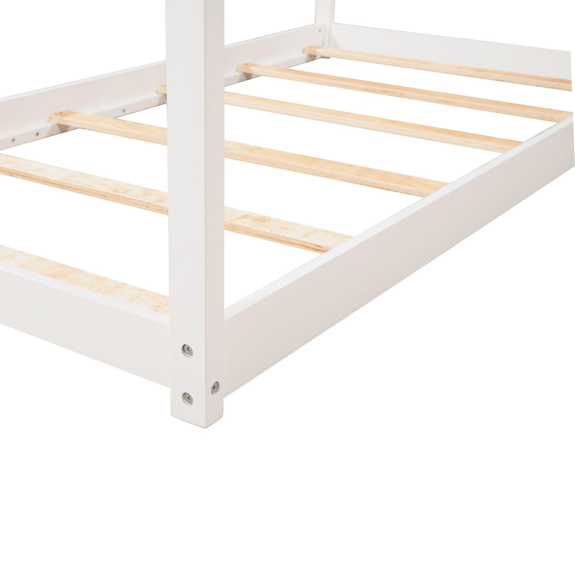 White Twin House Bed for Kids, Pine Wood Toddler House Bed Frame, Floor Canopy Bed with 6 Wooden Slats for Boys Girls Teens Children, Nursery Furniture, No Box Spring Needed, 76.1 x 41.5 Inch