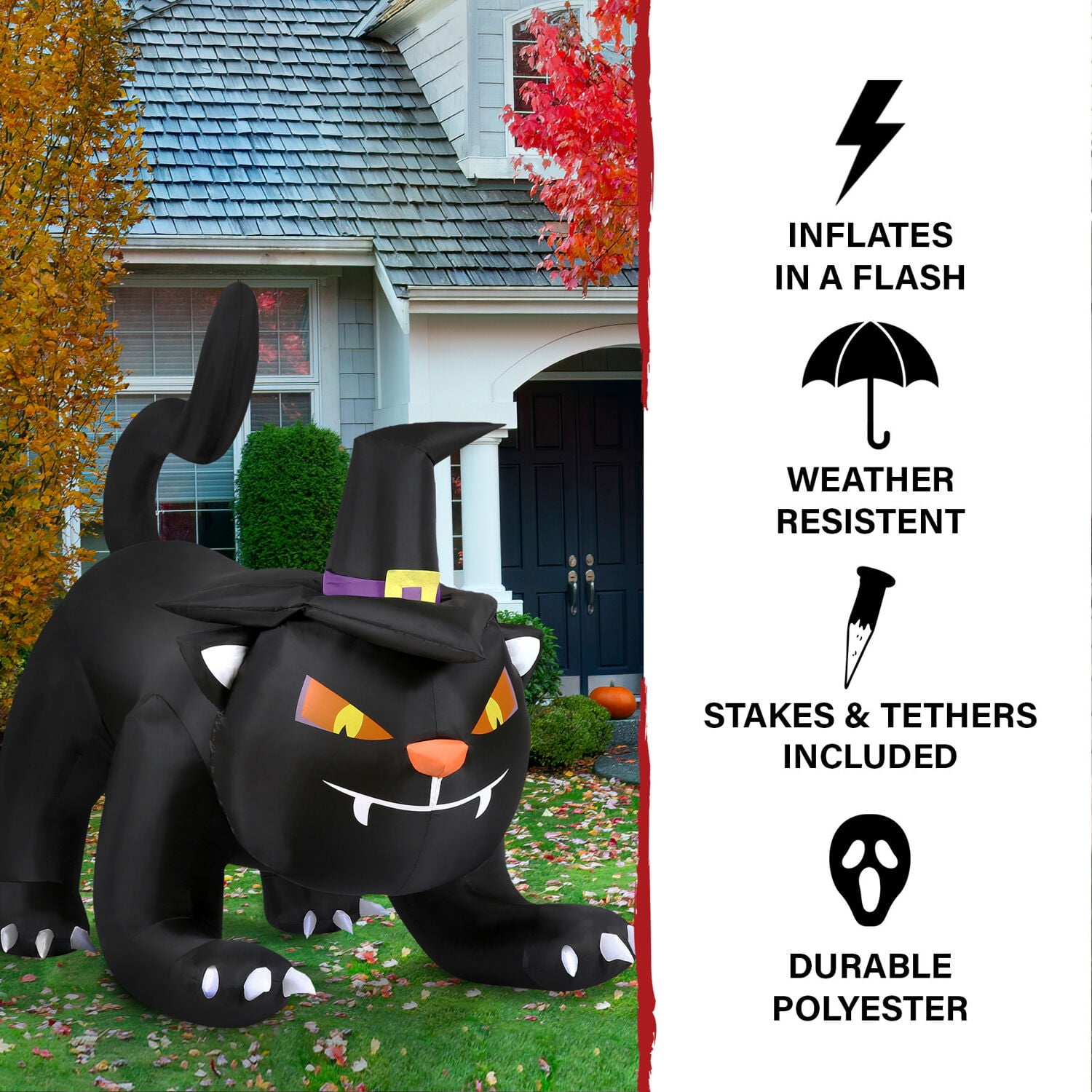 Haunted Hill Farm 6 ft Wide Prelit Inflatable Black Cat with Witch Hat, HIBCAT061-L