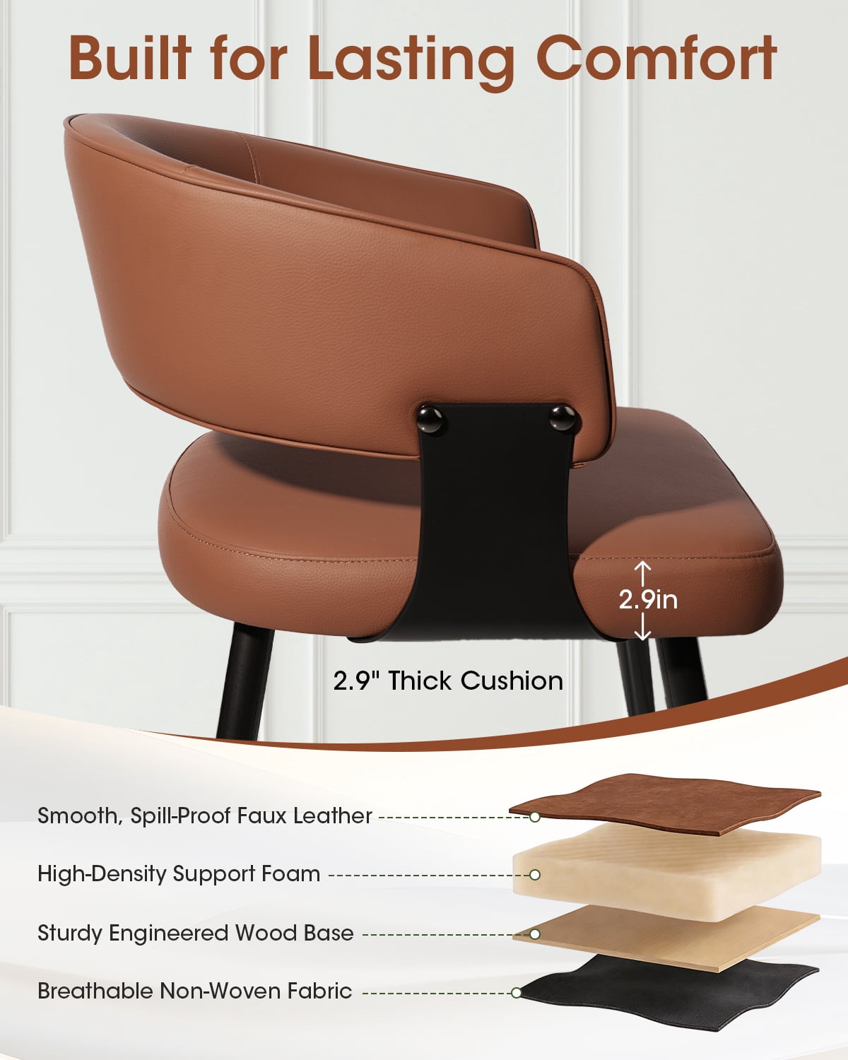 Modern Kitchen Chair Set of 4, Upholstered Faux Leather Dining Chairs with Curved Back, Easy Assembly for Dining Room Restaurant Cafe,Brown