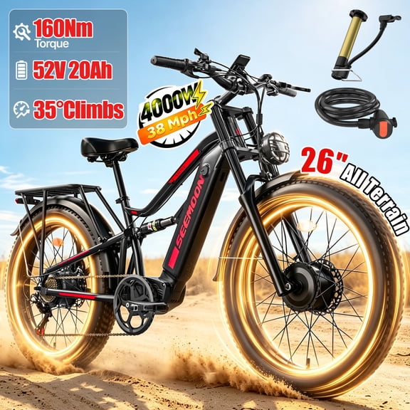 Seemoon 4000W Dual Motor Adult Electric Bike 38MPH 52V 20Ah Battery, 26" Fat Tire Mountain eBike, 160Nm Torque Full Suspension Hydraulic Brakes
