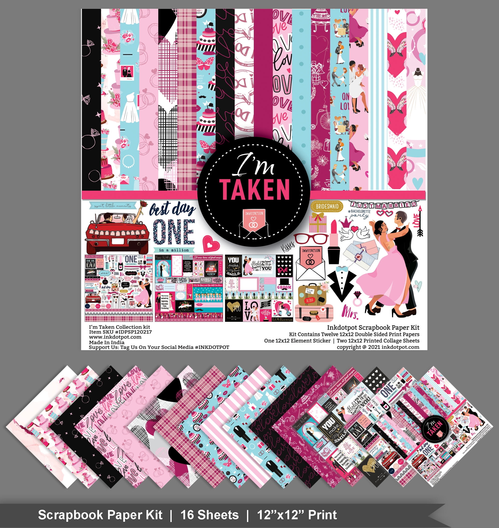 Inkdotpot Wedding Theme Collection Double-Sided Scrapbook Paper Kit Cardstock 12"x12" Card Making Paper Pack With Sticker Sheet - 16 Pages - Pink & Blue