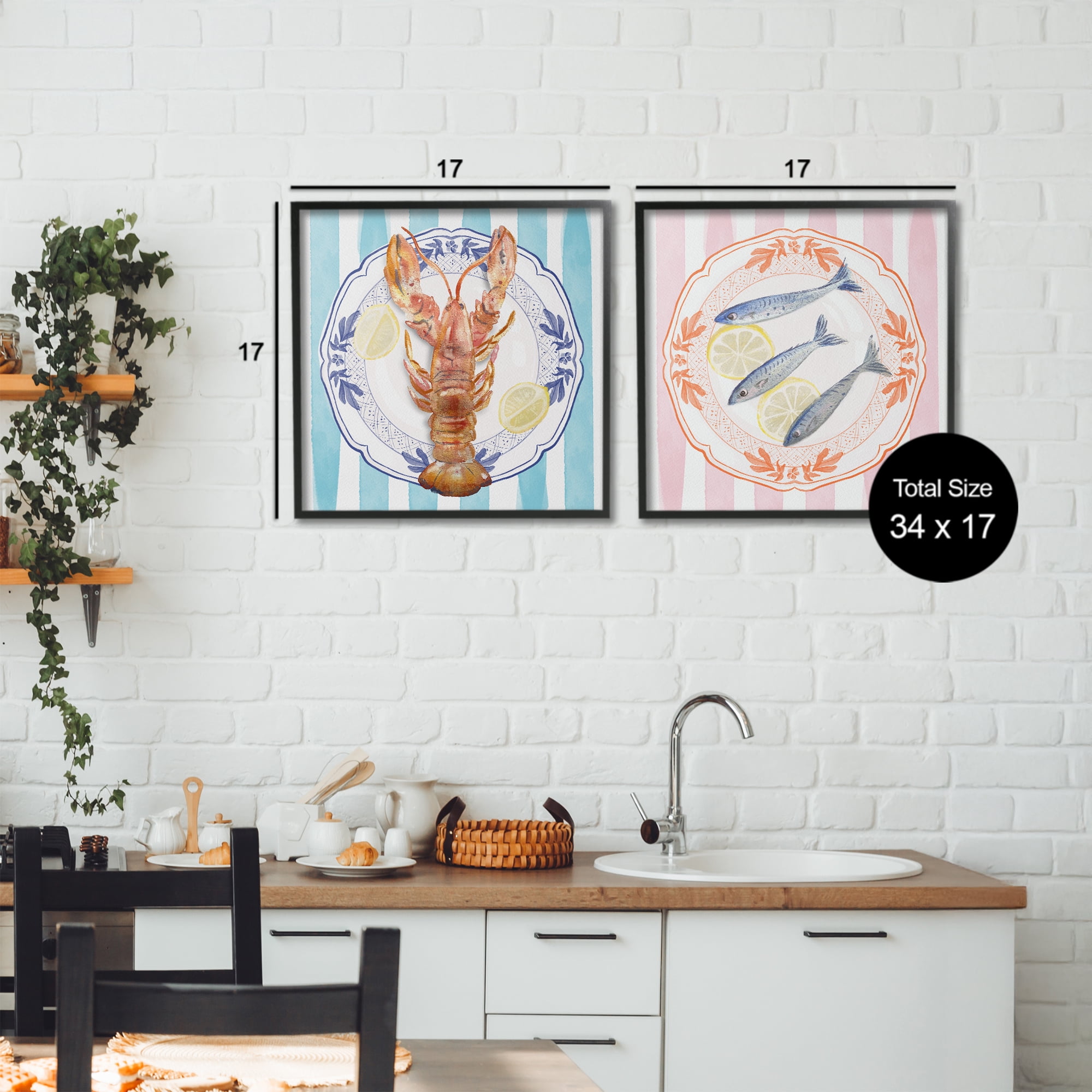 Stupell Industries Lobster & Sardines Plates 2 Piece Black Framed Giclee Art Set, design by Christie Adams