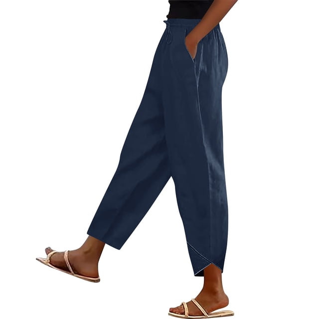 Pantalones de Cintura Elástica para Mujeres Casual Bolsillos de Poliéster de Color Sólido Pantalones de Lino Mujeres Verano para las Vacaciones Al Mar Y el Uso Diario