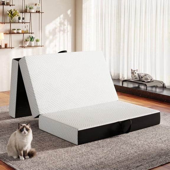 VKLIVING 6 inch Tri Folding Memory Foam Floor Mattress Topper with Washable Cover, Portable Foldable Floor Bedfor Guest Bed, Camping, Home, RV