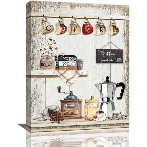 Kitchen Wall Art Farmhouse Coffee Bar Sign Wall Decor Rustic Coffee Station Theme Canvas Pictures Painting Framed Artwork for Cafe Shop Dining Room Ready to Hang 12"x16"
