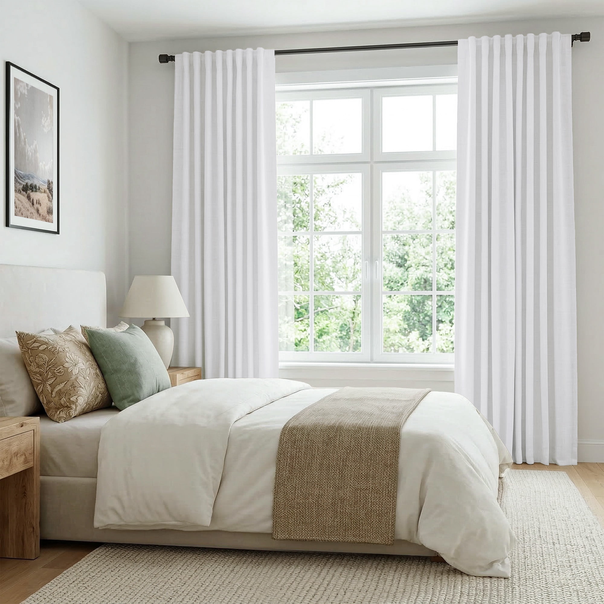 GLEAMIST 100% Blackout Curtains 2 Panels Set, 52 Inches Wide Faux Linen Thermal Insulated Light Blocking Drapes, Rod Pocket & Back Tab for Bedroom Living Room, Bright White