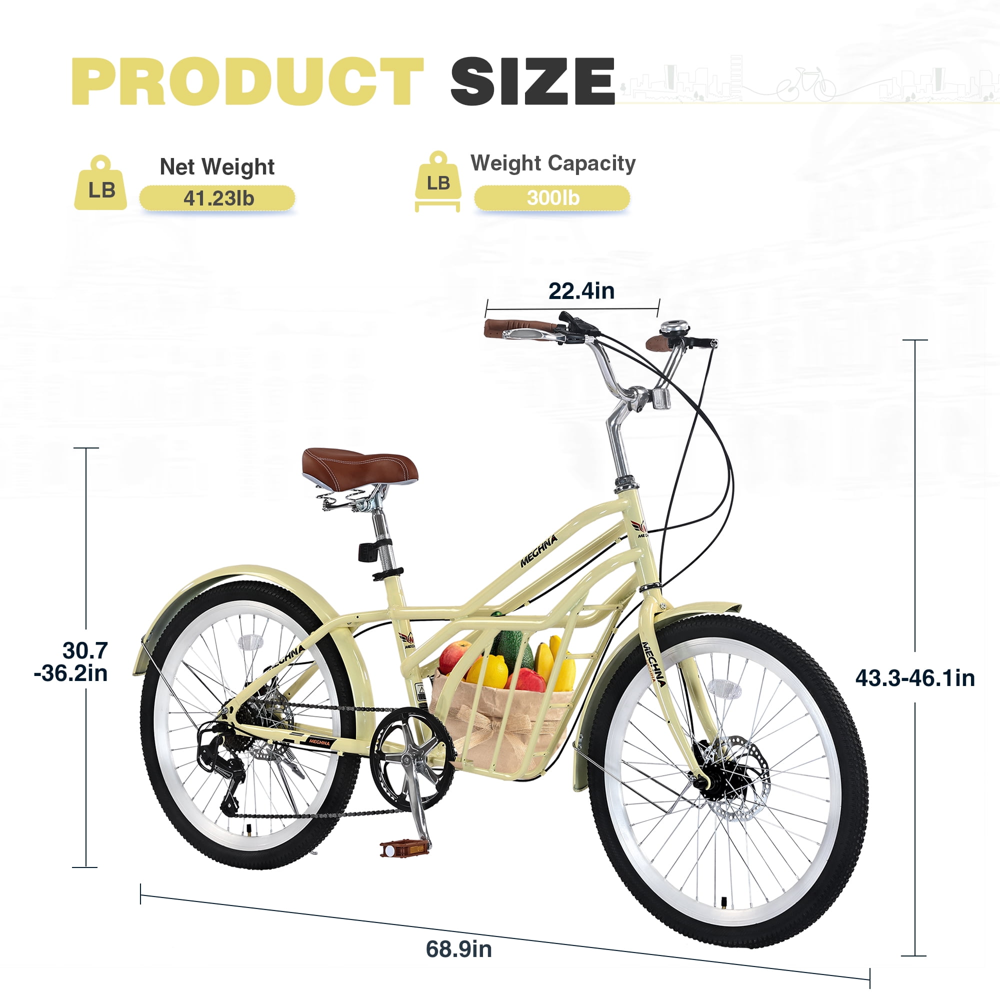 Aukfa 24" Cruiser Bike for Women Girls Ladies,Commuter Bike Shimano 6 Speed Bicycle Hybrid Bikes,Yellow