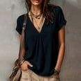 thumbnail image 5 of QUNYINEY T -Shirts Women Black Casual Short Sleeve Cotton Linen Tops Pleated V Neck Pullover Loose Fit Summer Shirts, 5 of 8