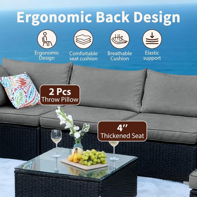 7-Piece Patio Furniture Set, Outdoor Sectional Sofa Set with Cushions and Glass-Top Coffee Table, Outdoor Conversation Set