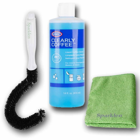 Urnex Clearly Coffee Pot Cleaner, French Press Liquid Cleaner for Brewers Glass Bowls and Thermal Servers Removes Coffee Oils (14 Ounce) and compatible Sparklen Curved Coffee Pot Cleaning Brush