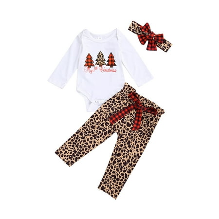 

Tretra Newborn Baby Girl Christmas Outfits My First Christmas Pajamas Long Sleeve Romper+Leopard Plaid Pants+Headband 3PCS
