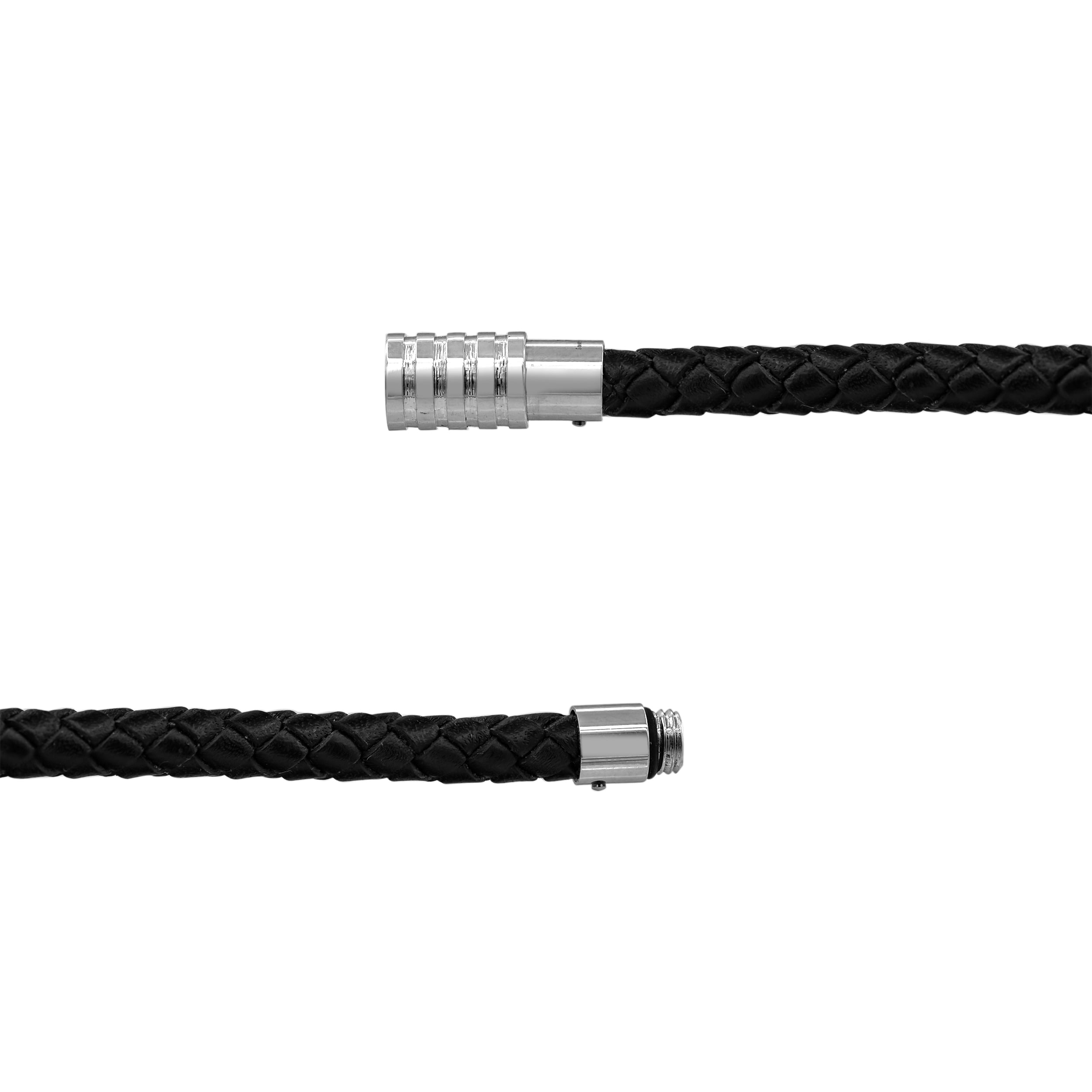 Mens Black Leather Stainless Steel Bracelet